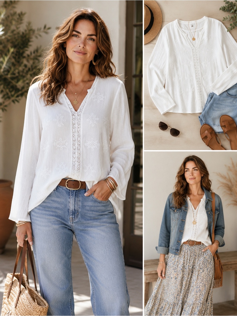 Skies are Blue White Crinkle Top, Long Sleeve, Embroidery & Lace, V Neck, Size L